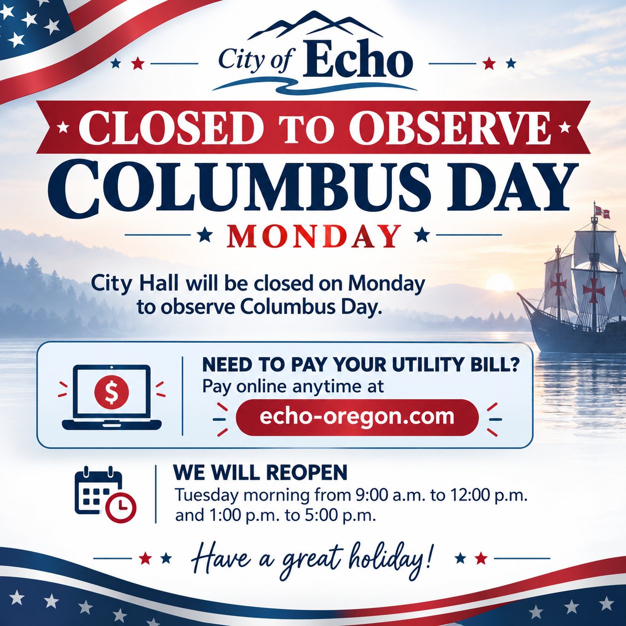 City Hall Closed Monday October 12th for Columbus Day